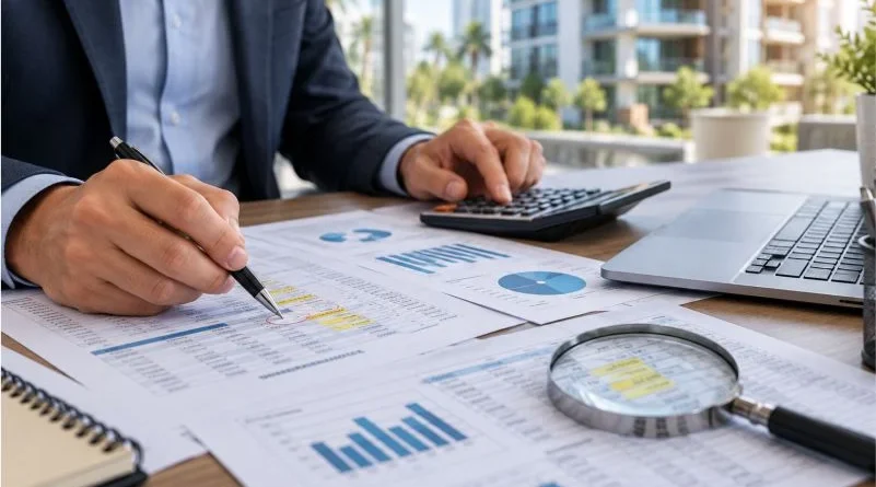 Profissional analisando balancete financeiro de condomínio, com planilhas, calculadora e lançamentos destacados para conferência.