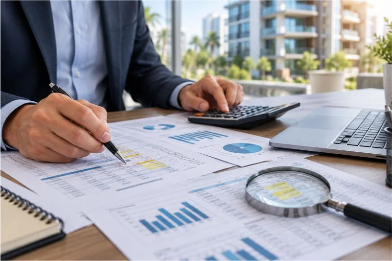 Profissional analisando balancete financeiro de condomínio, com planilhas, calculadora e lançamentos destacados para conferência.