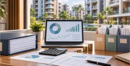 Gestão financeira de condomínios com conta pool ou conta individualizada, representada por relatórios financeiros, gráficos e documentos contábeis.